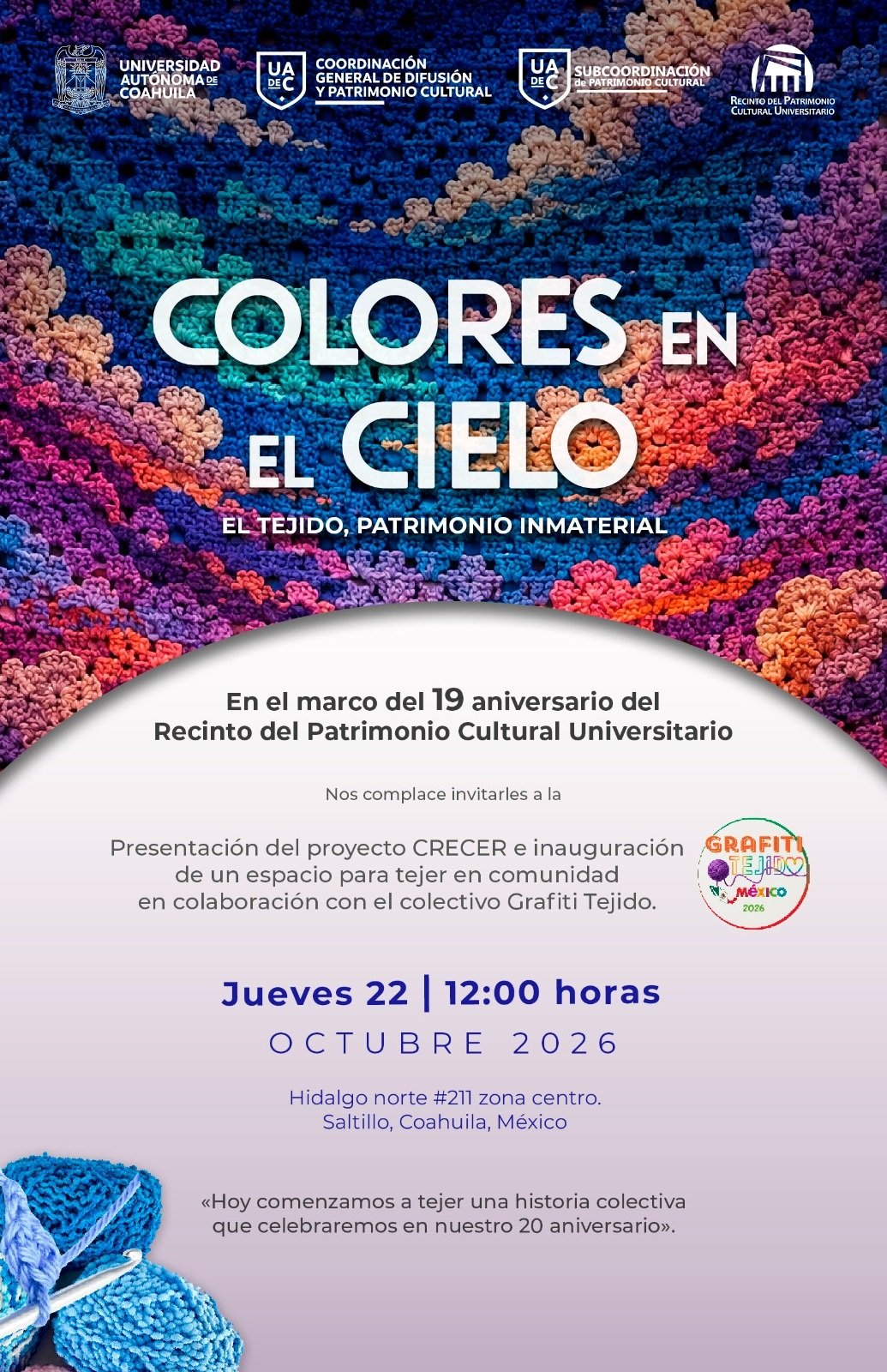 Invita Recinto del Patrimonio Cultural de la UAdeC a Tejer Comunidad con “Colores en el Cielo”